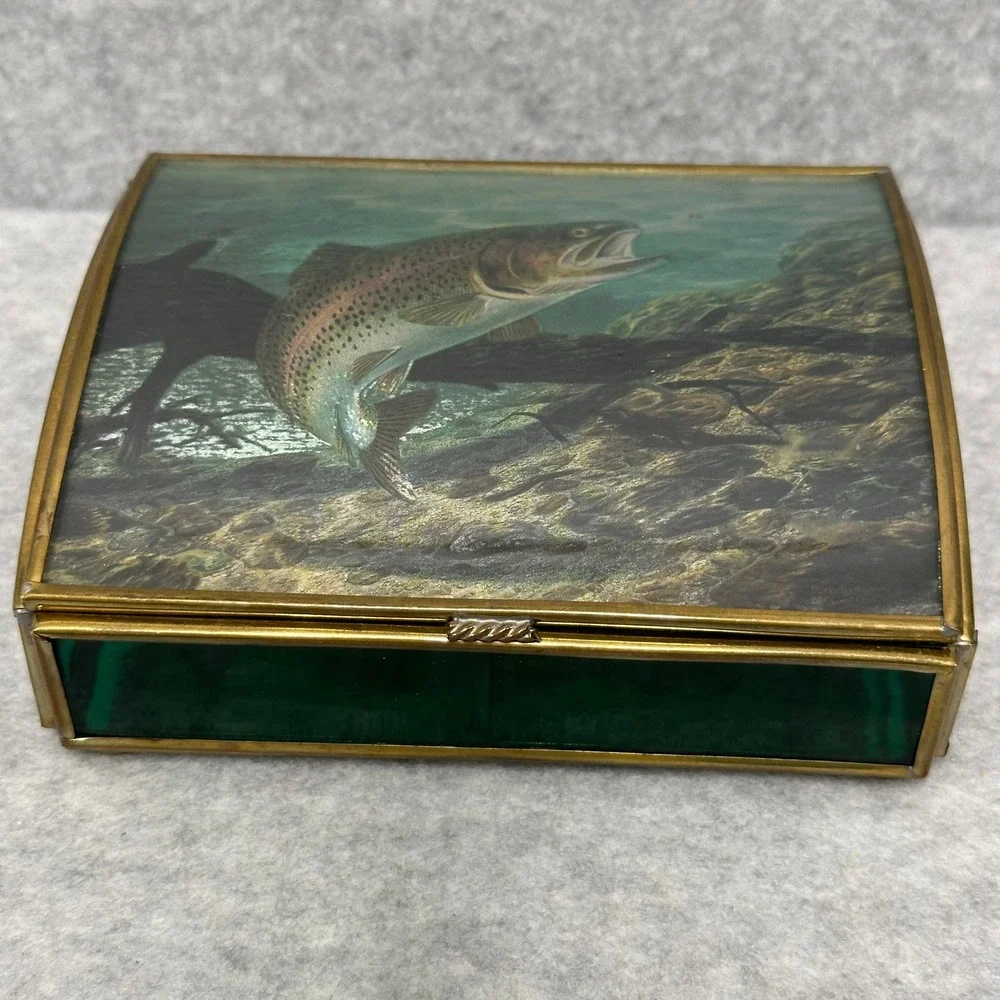Via Vermont Handcrafted Glass Trinket Box Rainbow Trout Randy McGovern Artwork